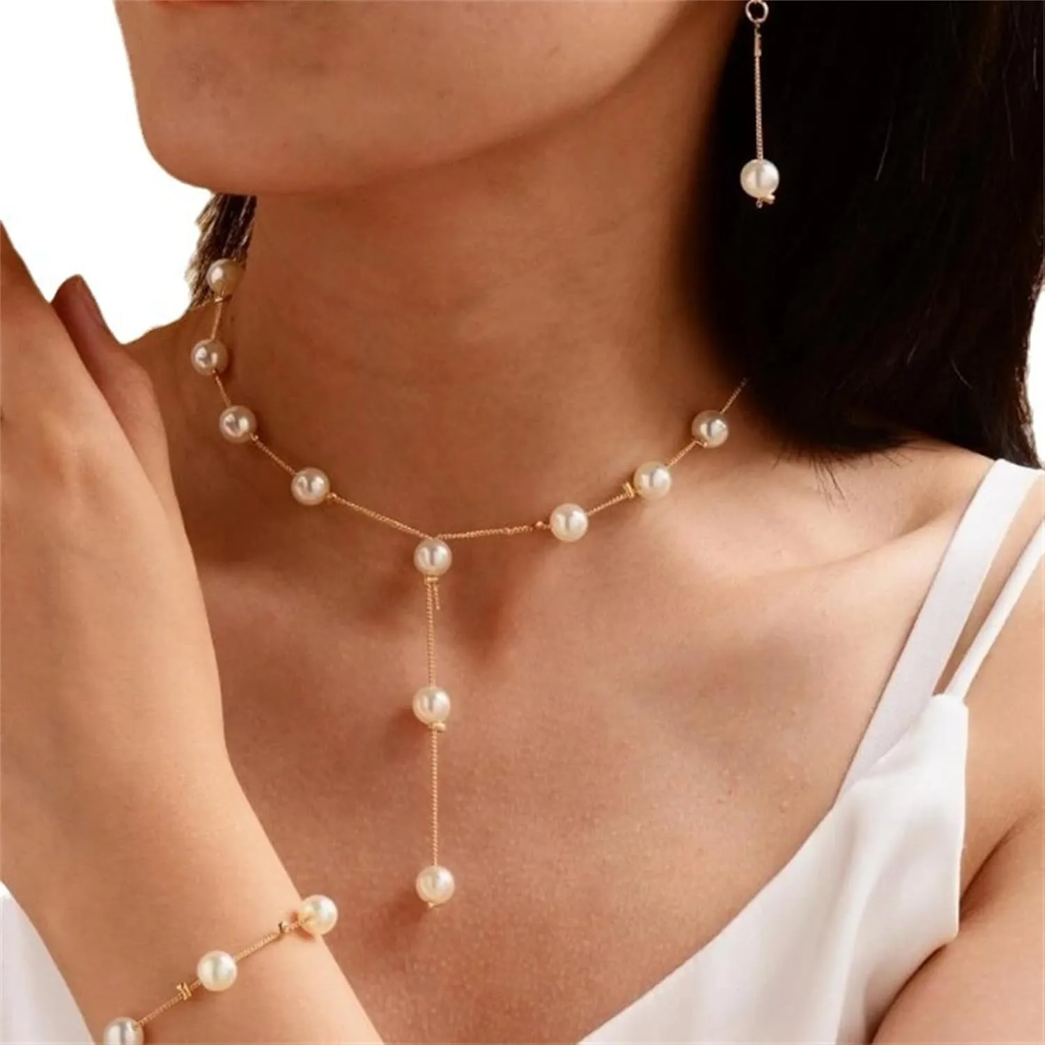 Pearl Jewelry Set for Women Gold Silver Plated Elegant Dainty Simulated White Pearls Round Y Necklace Bracelets Earrings for Minimalist Wedding Bridal Prom Birthday Party Christmas Fashion Jewelry Gifts