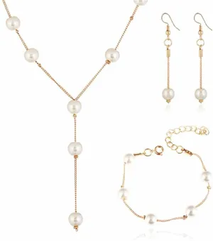 Pearl Jewelry Set for Women Gold Silver Plated Elegant Dainty Simulated White Pearls Round Y Necklace Bracelets Earrings for Minimalist Wedding Bridal Prom Birthday Party Christmas Fashion Jewelry Gifts