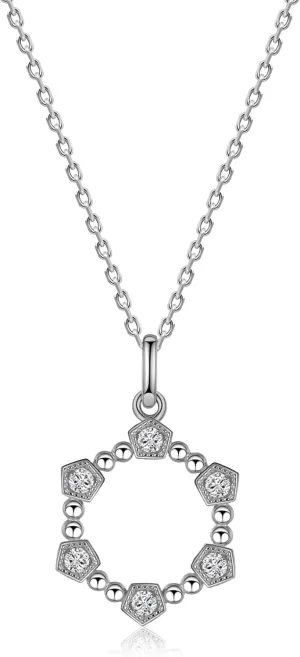Pendant Necklace,925 Sterling Silver,Platinum Plated,6 Pentagonal Object with Zirconium Inlaid,18 inches