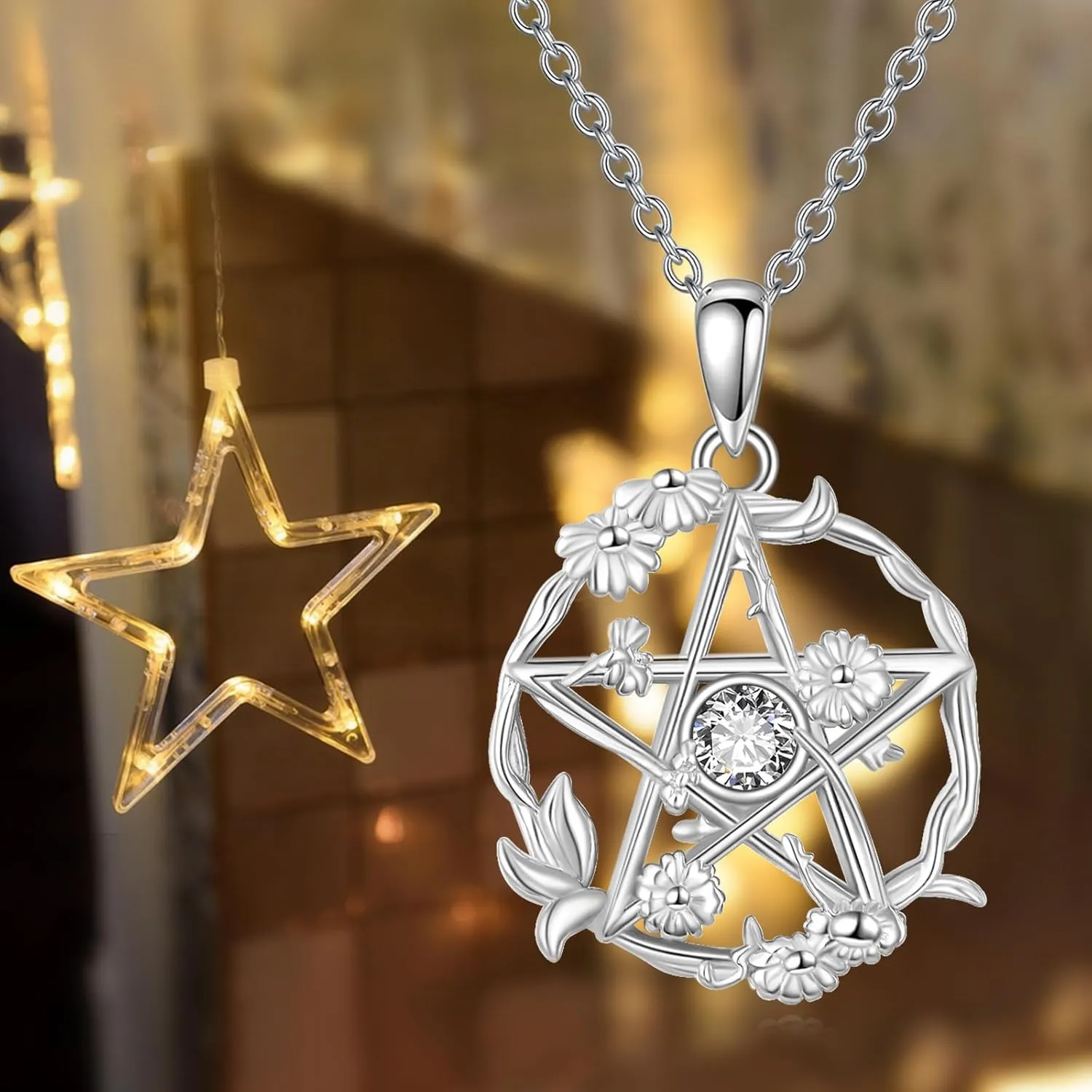 Pentagram Necklace for Women 925 Sterling Silver Birthstone Pentacle Pendant Necklace Jewelry Gifts