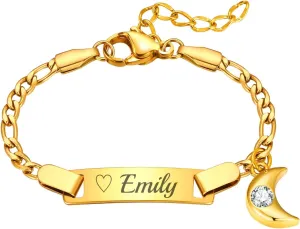 Personalized Baby Name Bar Bracelet: 18K Gold-Plated Custom Engraved ID Kids Charm Bracelets Jewelry Infant Girls Boys Toddler, Birthday Back to School Gifts Preppy Stuff for Daugther Son