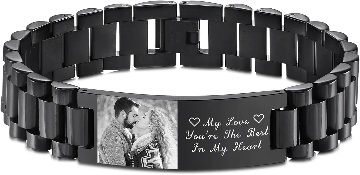 Personalized Bracelet for Men with Photo Engraved Name/Text Adjustable Stainless Steel Mens Link Bracelet Wristband Jewelry Dad Gifts for Father Husband Grandpa Son Boyfriend Father's Day