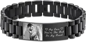 Personalized Bracelet for Men with Photo Engraved Name/Text Adjustable Stainless Steel Mens Link Bracelet Wristband Jewelry Dad Gifts for Father Husband Grandpa Son Boyfriend Father's Day