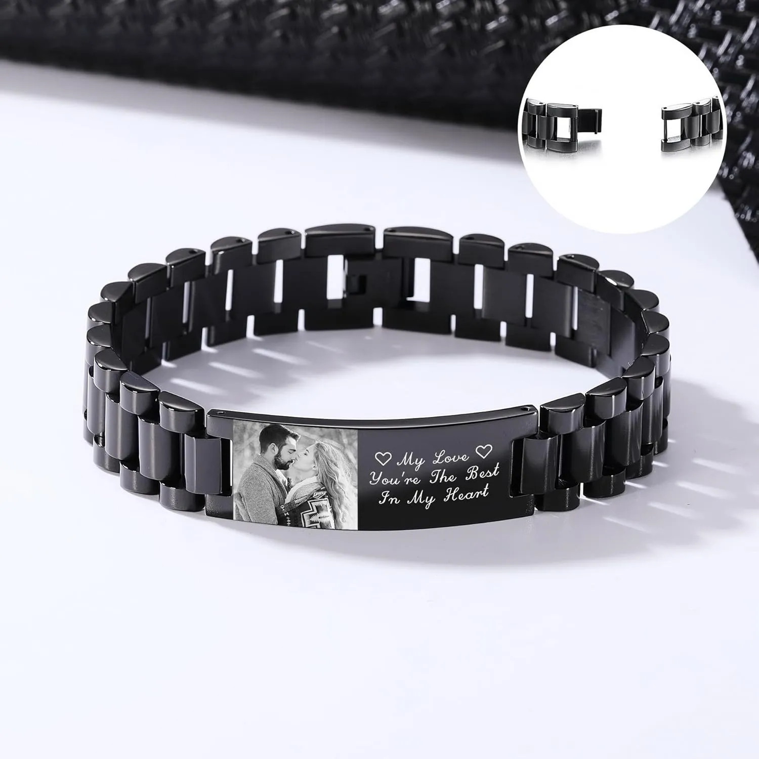 Personalized Bracelet for Men with Photo Engraved Name/Text Adjustable Stainless Steel Mens Link Bracelet Wristband Jewelry Dad Gifts for Father Husband Grandpa Son Boyfriend Father's Day