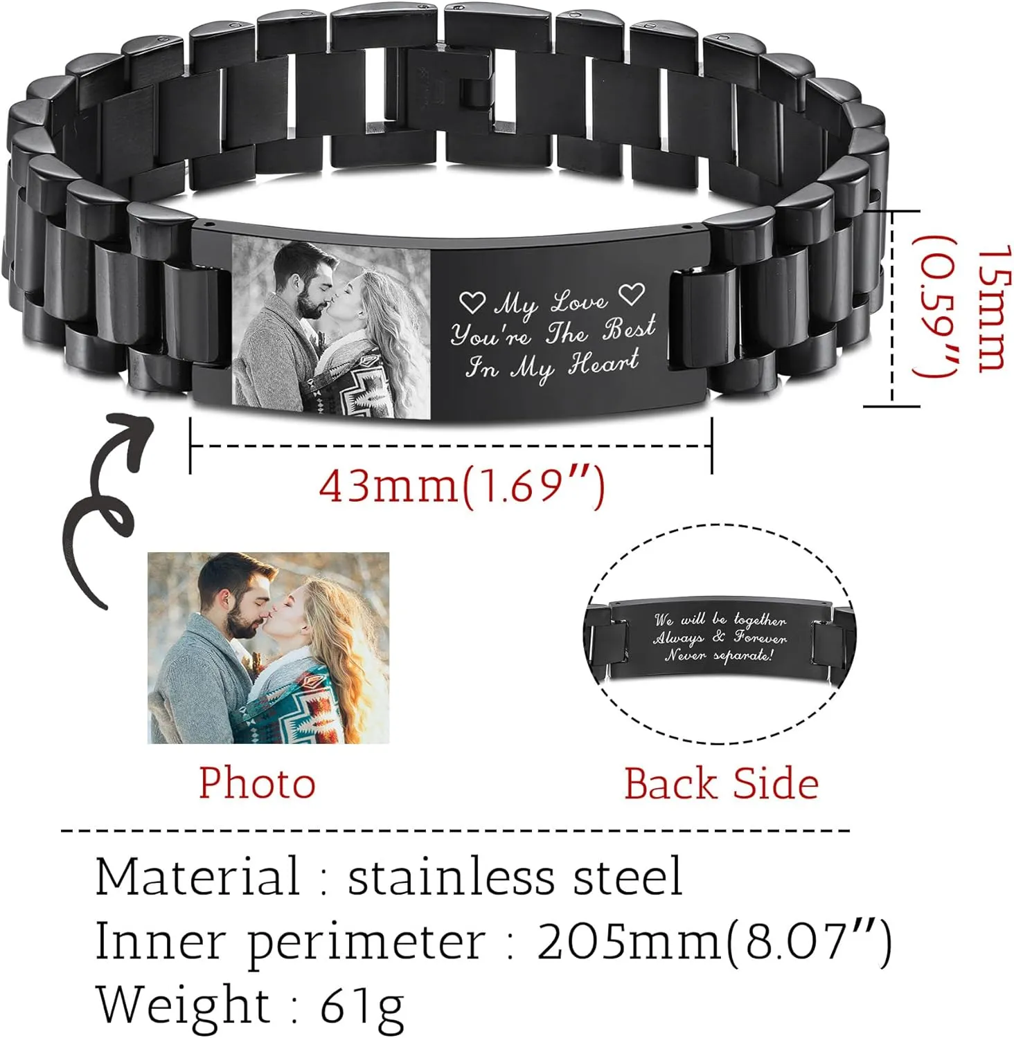 Personalized Bracelet for Men with Photo Engraved Name/Text Adjustable Stainless Steel Mens Link Bracelet Wristband Jewelry Dad Gifts for Father Husband Grandpa Son Boyfriend Father's Day