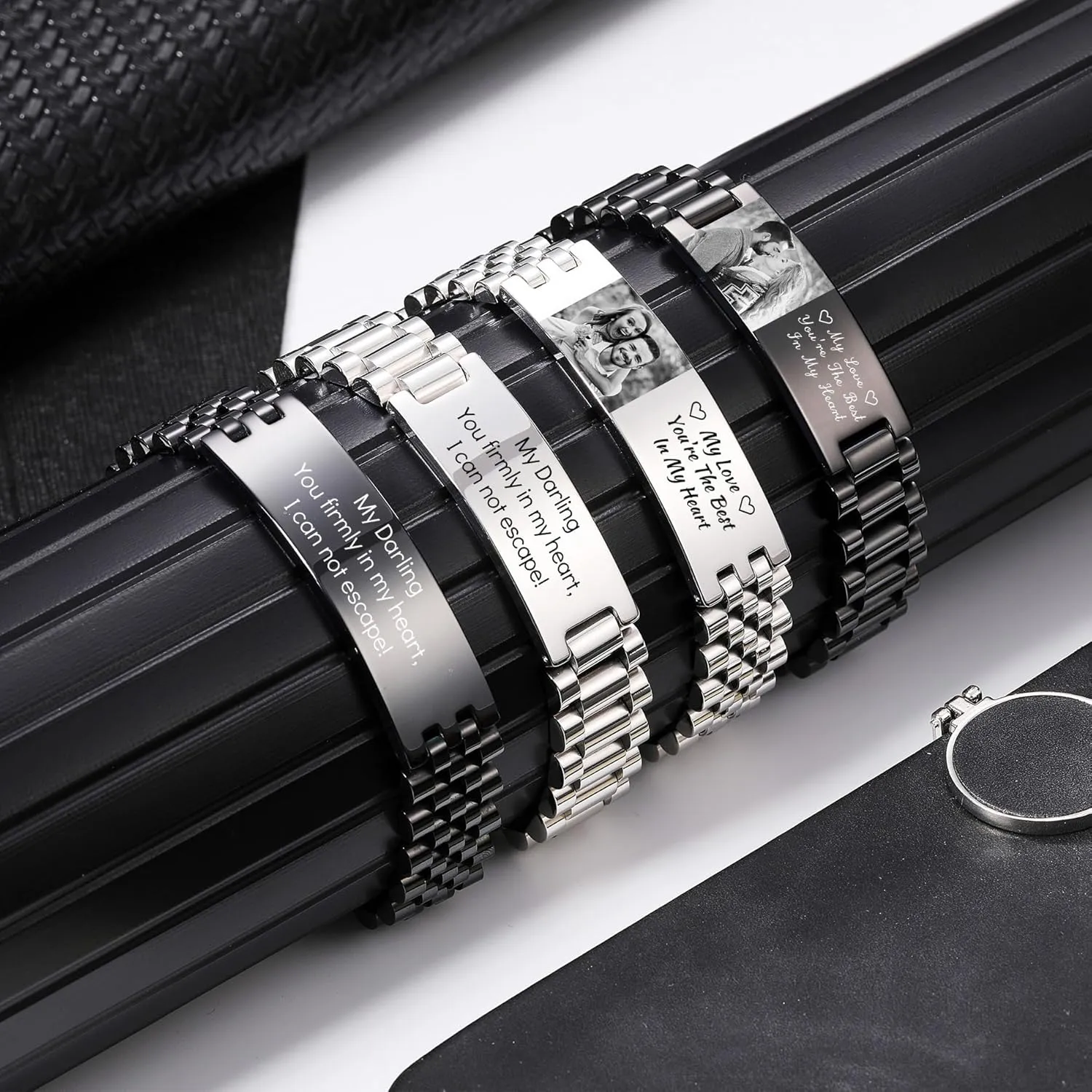 Personalized Bracelet for Men with Photo Engraved Name/Text Adjustable Stainless Steel Mens Link Bracelet Wristband Jewelry Dad Gifts for Father Husband Grandpa Son Boyfriend Father's Day