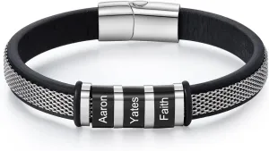 Personalized Fathers Bracelets for Men with Names Custom Engraved Mens Braided Leather Bracelet Customized Father's Day Birthday Gifts for Dad Grandpa Husband Son