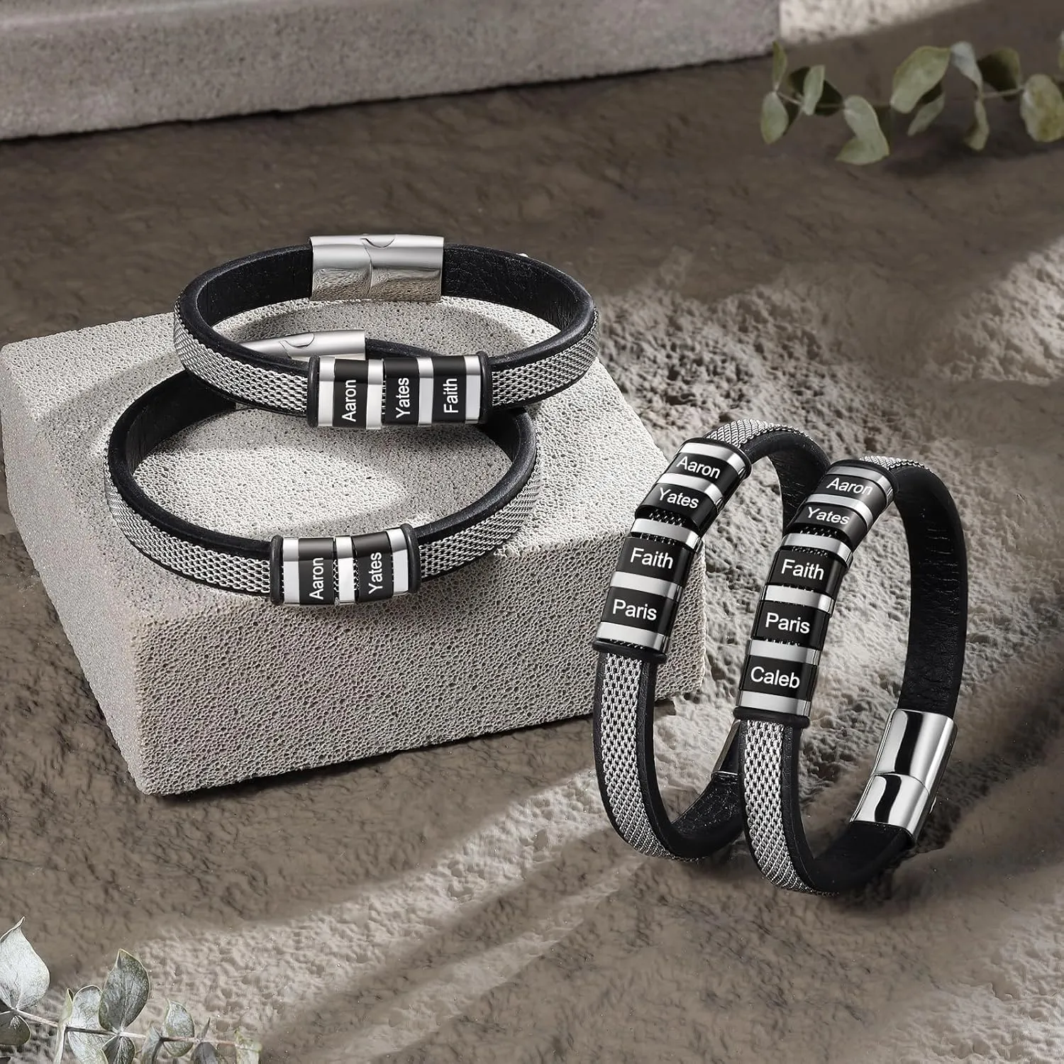 Personalized Fathers Bracelets for Men with Names Custom Engraved Mens Braided Leather Bracelet Customized Father's Day Birthday Gifts for Dad Grandpa Husband Son