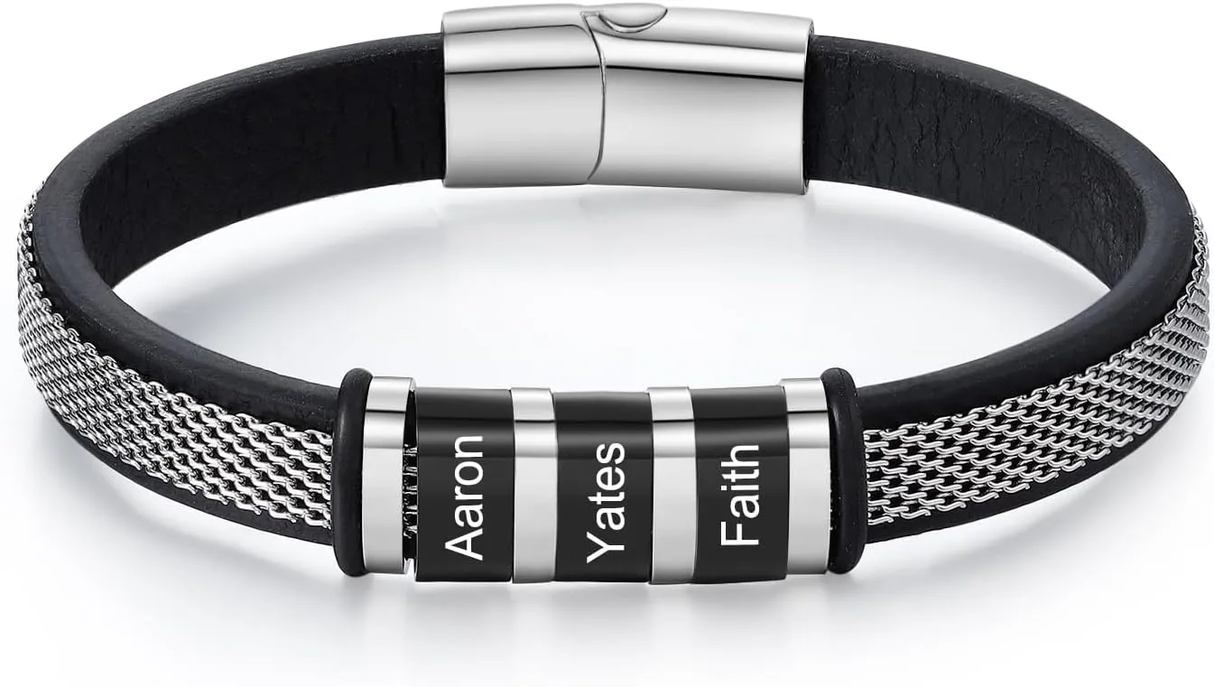 Personalized Fathers Bracelets for Men with Names Custom Engraved Mens Braided Leather Bracelet Customized Father's Day Birthday Gifts for Dad Grandpa Husband Son