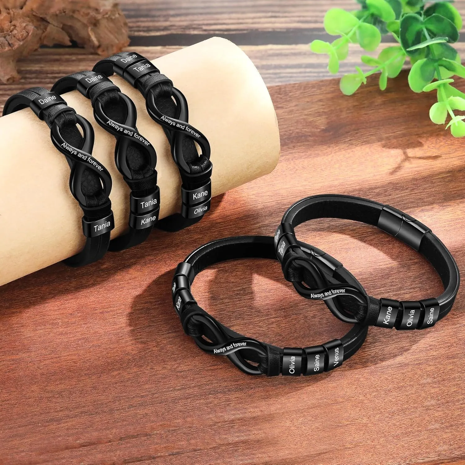 Personalized Infinity Name Bracelets for Men - Custom Mens Leather Bracelet with 2-6 Names Customized Gifts for Dad Husband Son Father's day