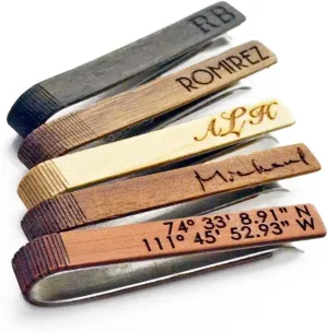 Personalized Wood Tie Clip, Engraved with Monogram, GPS Coordinates, or Wedding Date, Groomsman Gift, Cedar, Walnut, Mahogany
