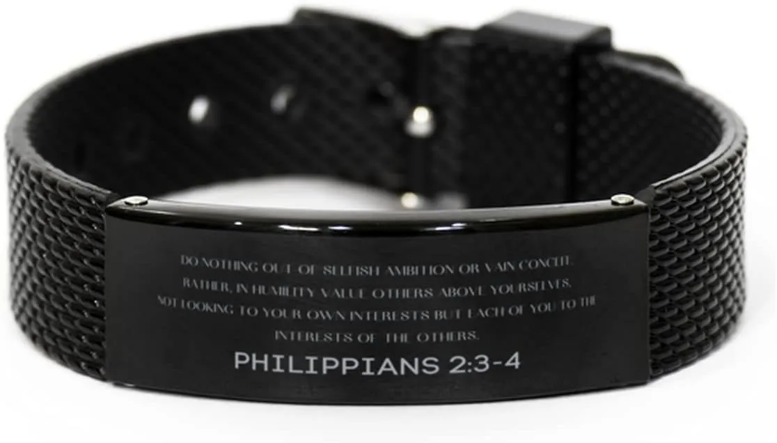 Philippians 2:3-4 Christian Black Shark Mesh Bracelet Gifts, Faith Message Prayer Philippians 2:3-4 Religious Bracelets for Women Men Philippians 2:3-4 Bible Verse Inspirational Mantra Adjustable