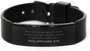 Philippians 3:14 Christian Black Shark Mesh Bracelet Gifts, Faith Message Prayer Philippians 3:14 Religious Bracelets for Women Men Philippians 3:14 Bible Verse Inspirational Mantra Adjustable