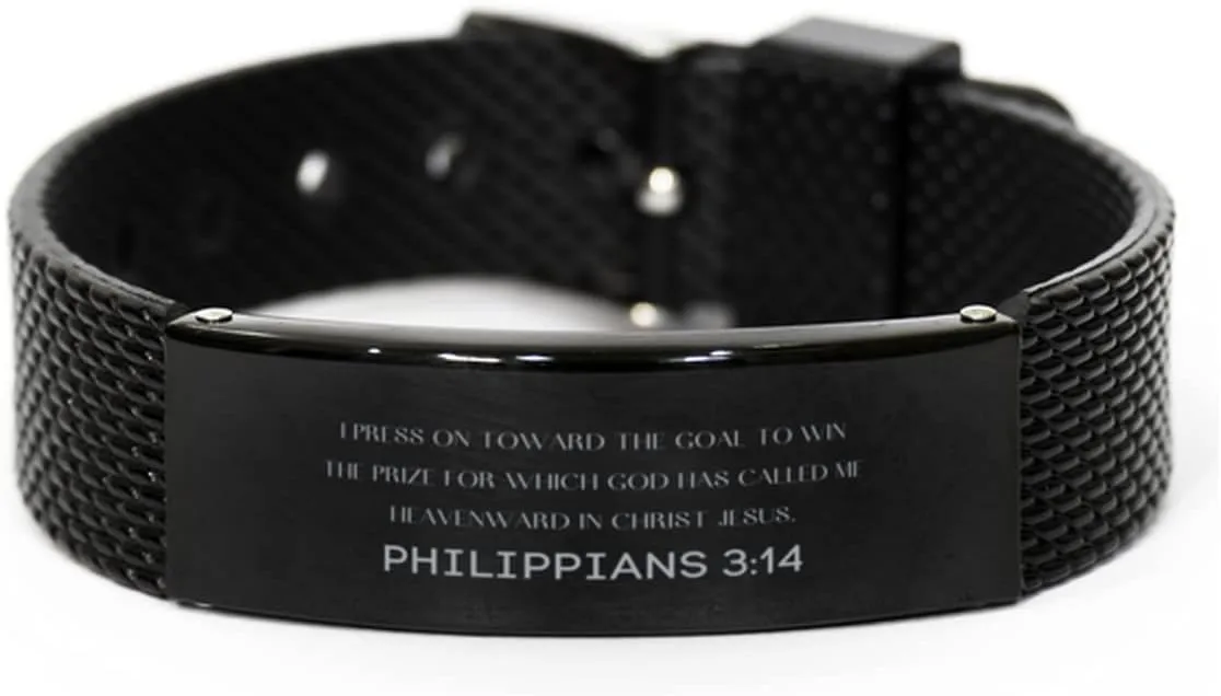 Philippians 3:14 Christian Black Shark Mesh Bracelet Gifts, Faith Message Prayer Philippians 3:14 Religious Bracelets for Women Men Philippians 3:14 Bible Verse Inspirational Mantra Adjustable