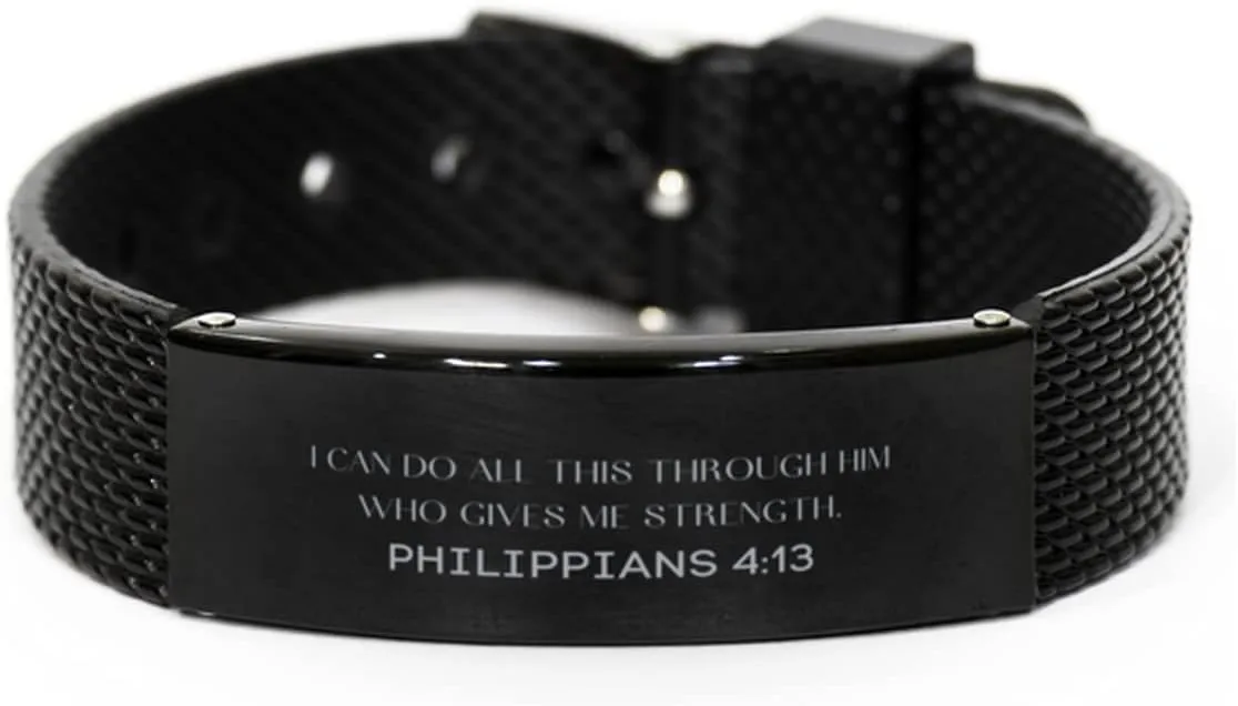 Philippians 4:13 Christian Black Shark Mesh Bracelet Gifts, Faith Message Prayer Philippians 4:13 Religious Bracelets for Women Men Philippians 4:13 Bible Verse Inspirational Mantra Adjustable