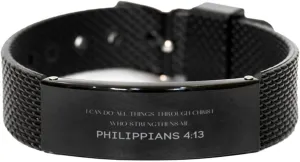 Philippians 4:13 Christian Black Shark Mesh Bracelet Gifts, Faith Message Prayer Philippians 4:13 Religious Bracelets for Women Men Philippians 4:13 Bible Verse Inspirational Mantra Adjustable