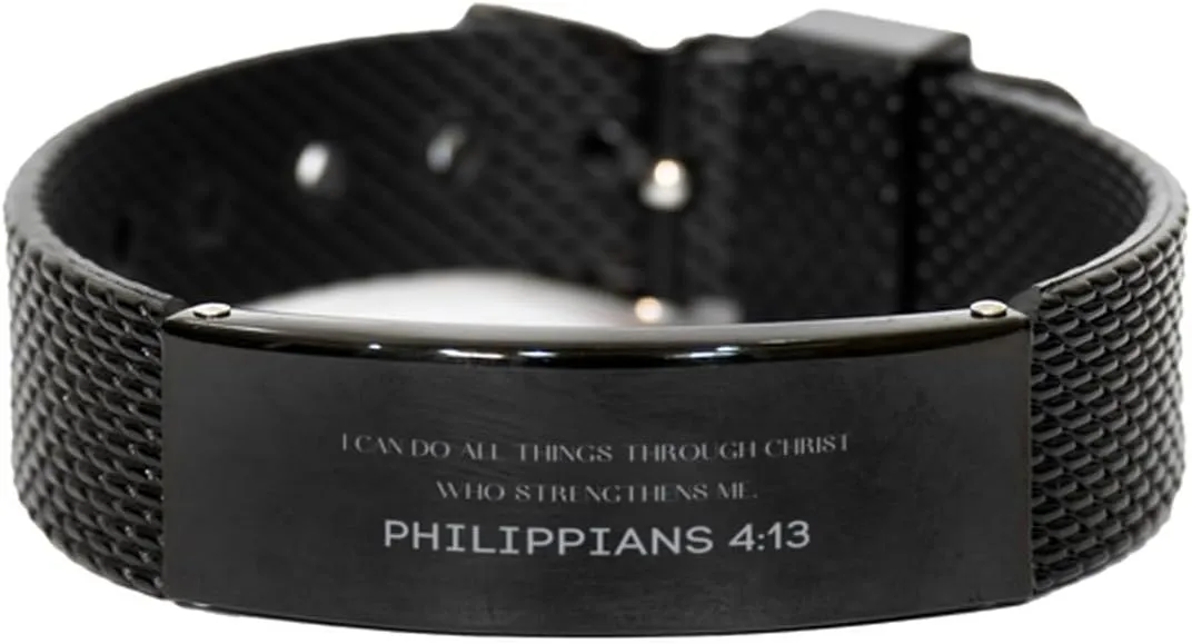 Philippians 4:13 Christian Black Shark Mesh Bracelet Gifts, Faith Message Prayer Philippians 4:13 Religious Bracelets for Women Men Philippians 4:13 Bible Verse Inspirational Mantra Adjustable