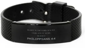 Philippians 4:4 Christian Black Shark Mesh Bracelet Gifts, Faith Message Prayer Philippians 4:4 Religious Bracelets for Women Men Philippians 4:4 Bible Verse Inspirational Mantra Adjustable Bracelet