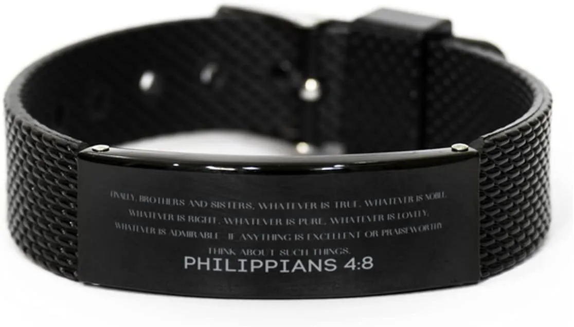 Philippians 4:8 Christian Black Shark Mesh Bracelet Gifts, Faith Message Prayer Philippians 4:8 Religious Bracelets for Women Men Philippians 4:8 Bible Verse Inspirational Mantra Adjustable Bracelet