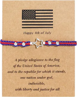 Pingyongchang 4th of July Star Charm Bracelets for Women Men Cute Handmade Red White Blue Beads Stretch Bracelet with Greeting Card USA Patriotic Rope Bracelet Independence Day Jewelry