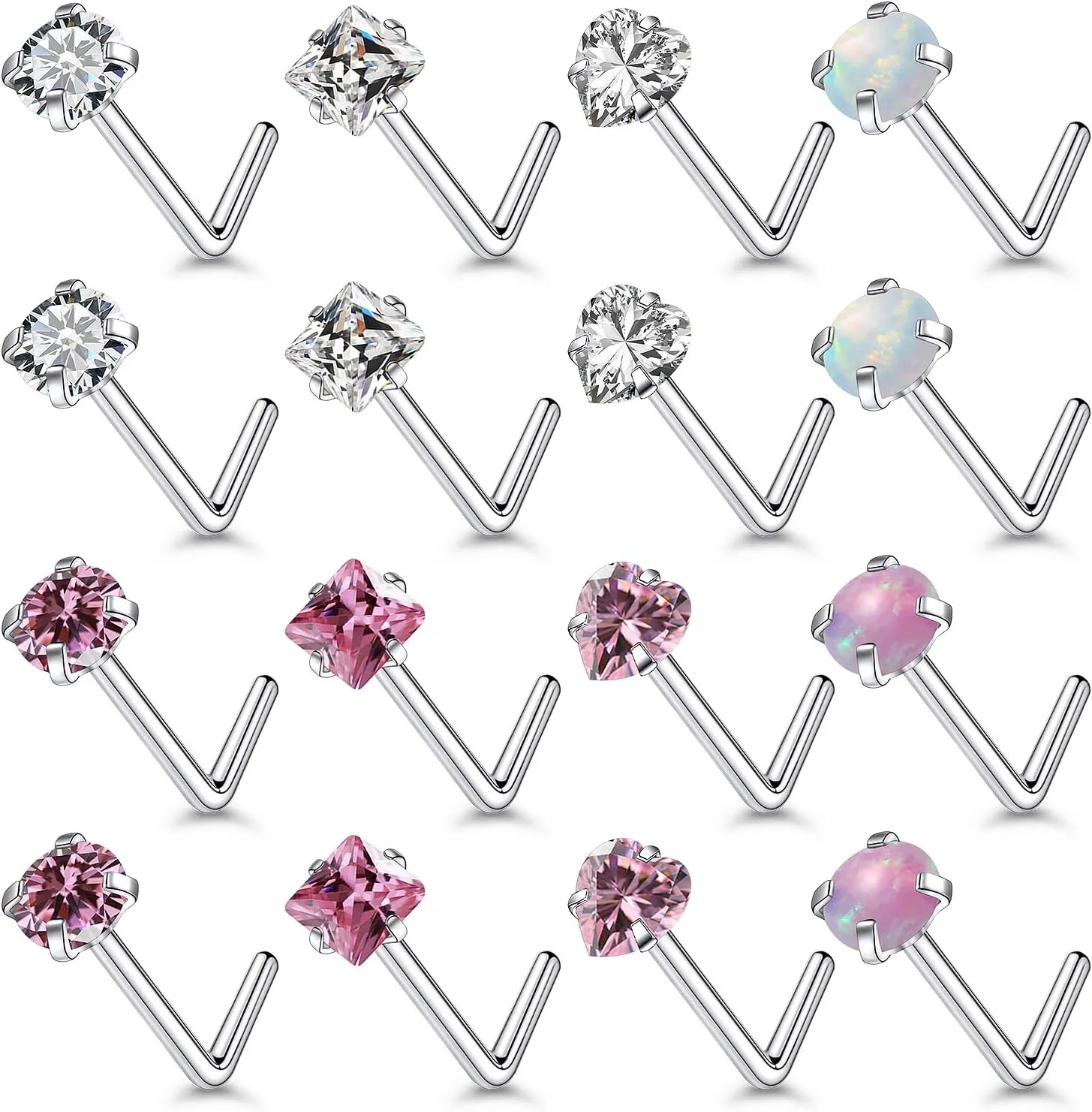 Pink Nose Ring Studs - Surgical Steel Nose Piercings 20G, 18G L-Shaped - Cubic Zirconia - 16 Pcs