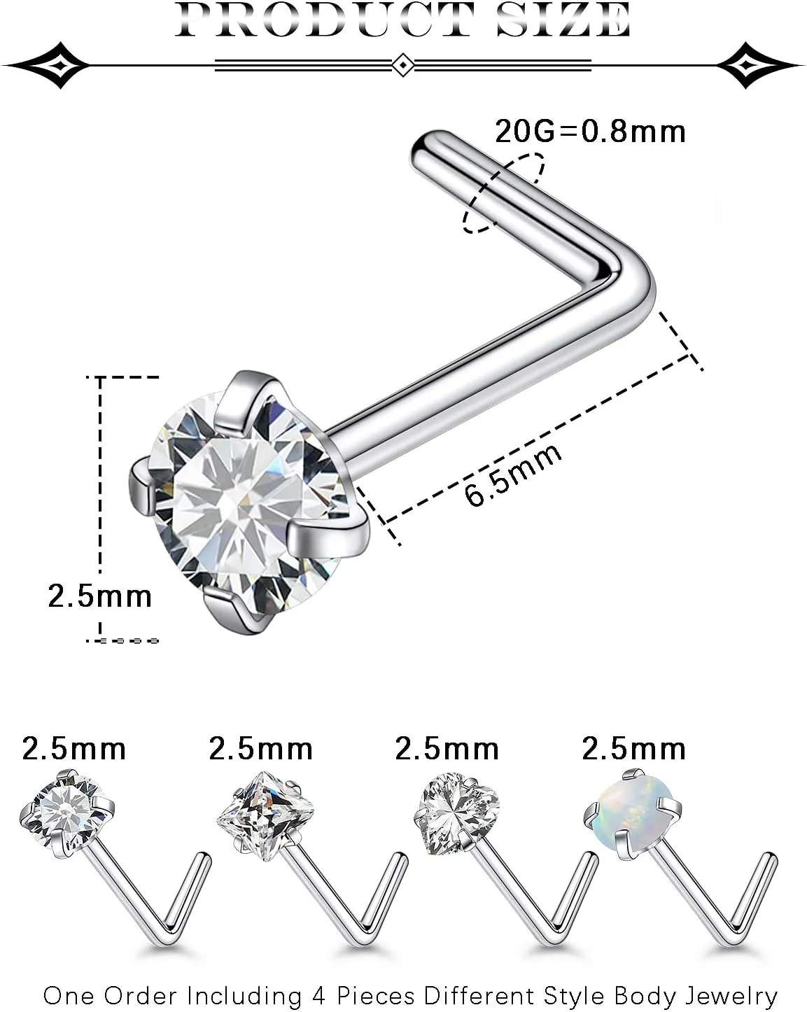 Pink Nose Ring Studs - Surgical Steel Nose Piercings 20G, 18G L-Shaped - Cubic Zirconia - 16 Pcs