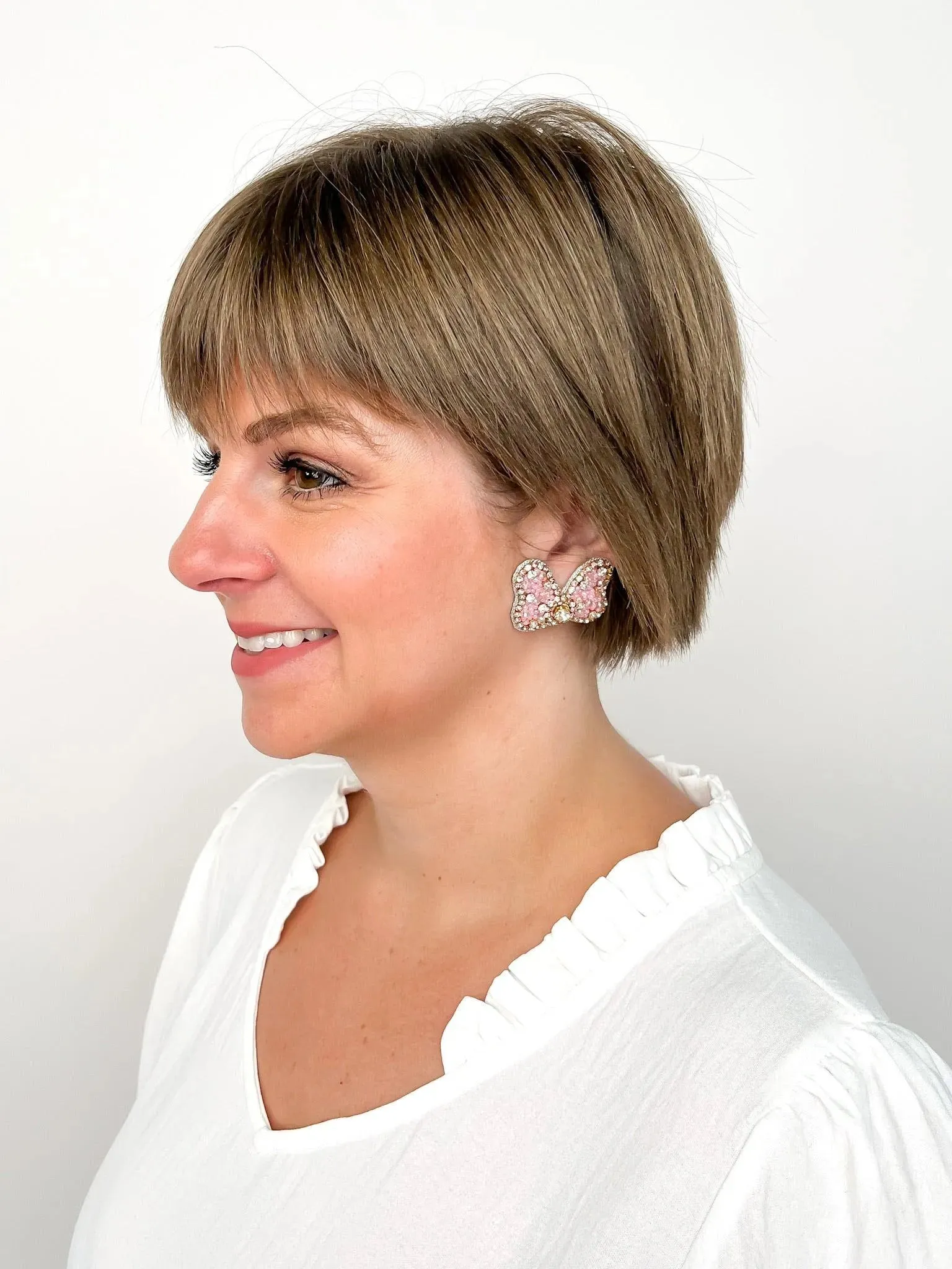 Pink Pearl & Rhinestone Bow Stud Earrings