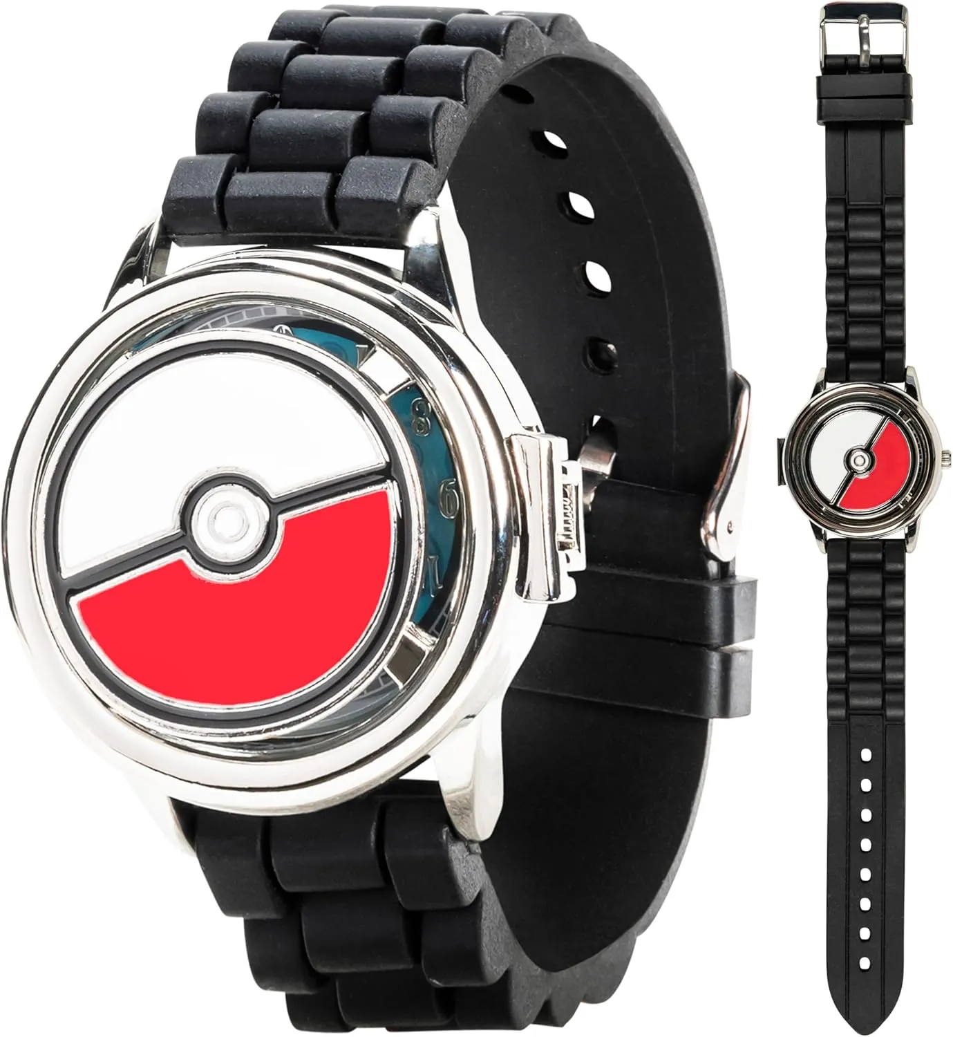 Pokmon Spinner Top Analog Watch for Kids  Features Iconic Pok Ball Spinner, Silver Metal Case, Comfortable Silicone Strap, and Pikachu Dial Art, Perfect for Pokmon Fans and Collectors