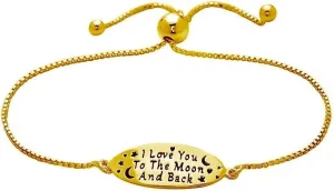 PORI JEWELERS 925 Sterling Silver I Love You To The Moon and Back Inspirational Quote Adjustable Charm Bracelet - Yellow or Silver