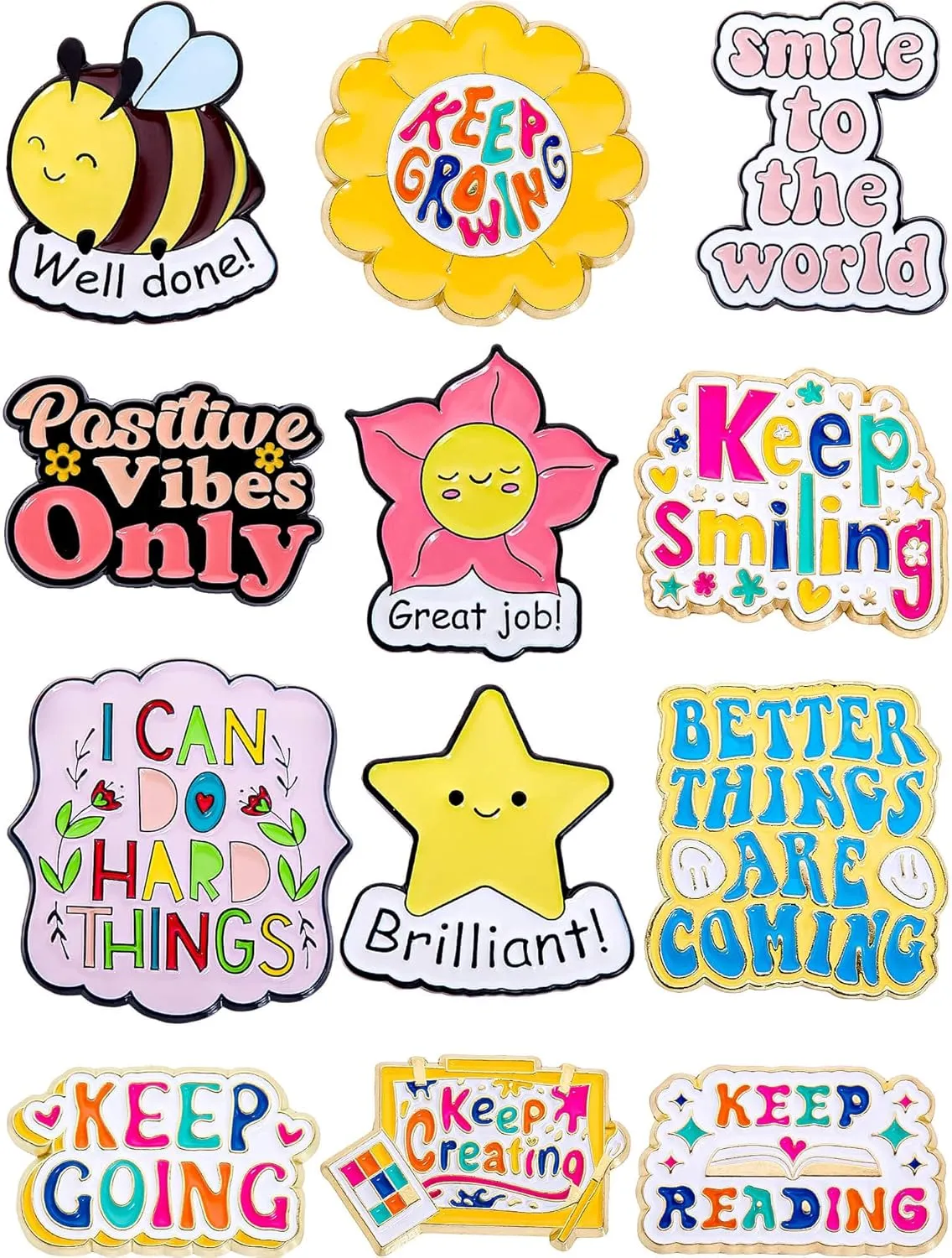 Positive Affirmation Enamel Pins Set  Cute Motivational Pins for Backpacks, Jackets, Gifts, Classrooms  Collectible Metal Lapel Pins for Students, Teachers, Creators  12-Pack