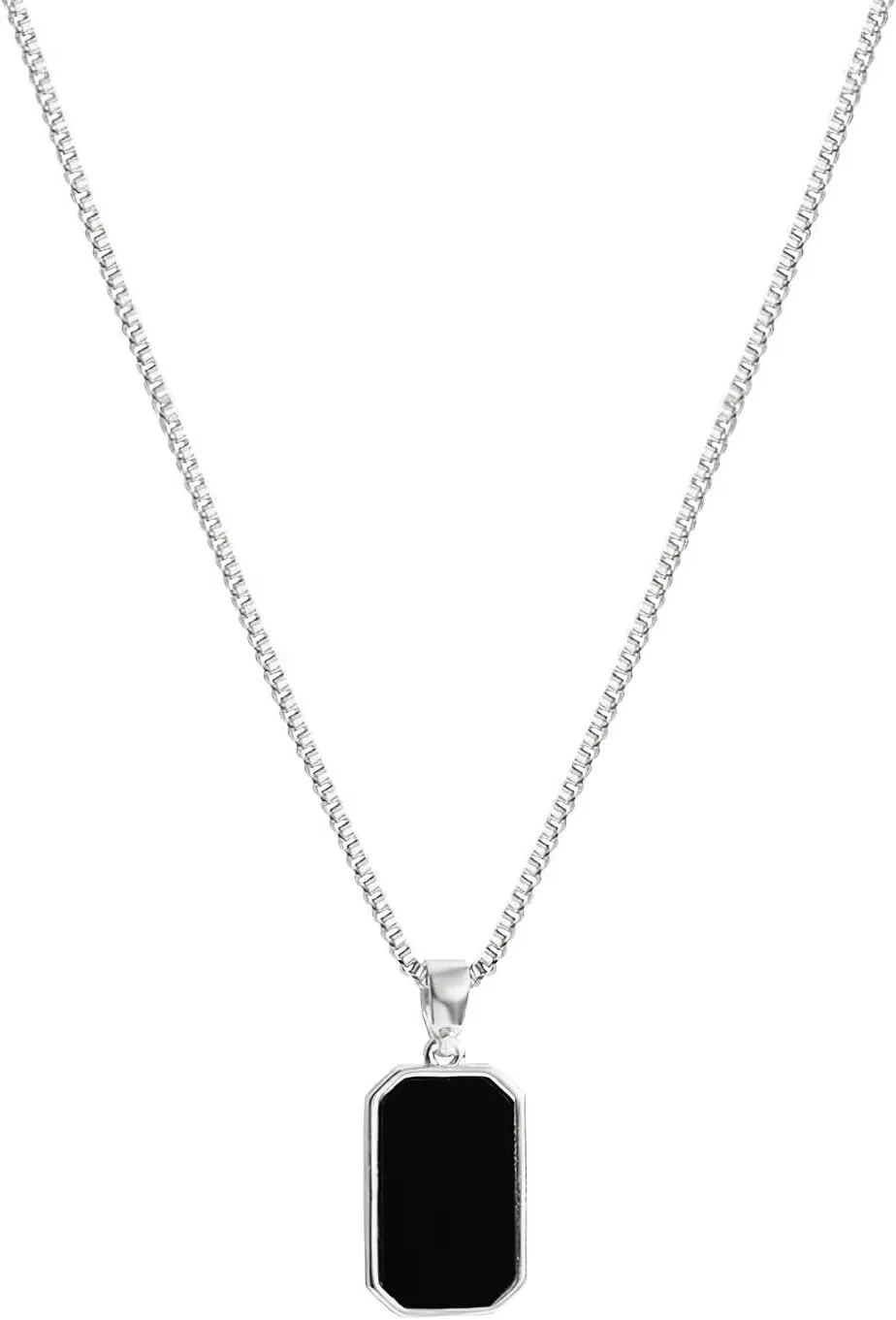 POYAMUSE Minimalist Black Faux Onyx Pendant Necklace for Women - Elegant Geometric Design, Black Square Rectangle Pendant Necklace Jewelry Gift