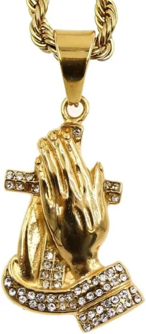 Praying Cross Necklace for Men, Hip Hop Praying Hands Necklace, Christian Religious Cross Pendant Necklace with 23.6"Chain