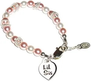 Precious Pieces Children's Sterling Silver "Big Sis" or 'Lil Sis' Bracelet with High-End Simulated Pink Pearls, Matching Sisters Jewelry