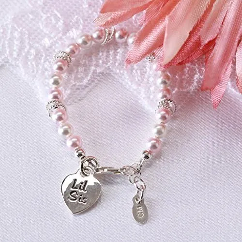 Precious Pieces Children's Sterling Silver "Big Sis" or 'Lil Sis' Bracelet with High-End Simulated Pink Pearls, Matching Sisters Jewelry