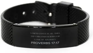 Proverbs 17:17 Christian Black Shark Mesh Bracelet Gifts, Faith Message Prayer Proverbs 17:17 Religious Bracelets for Women Men Proverbs 17:17 Bible Verse Inspirational Mantra Adjustable Bracelet
