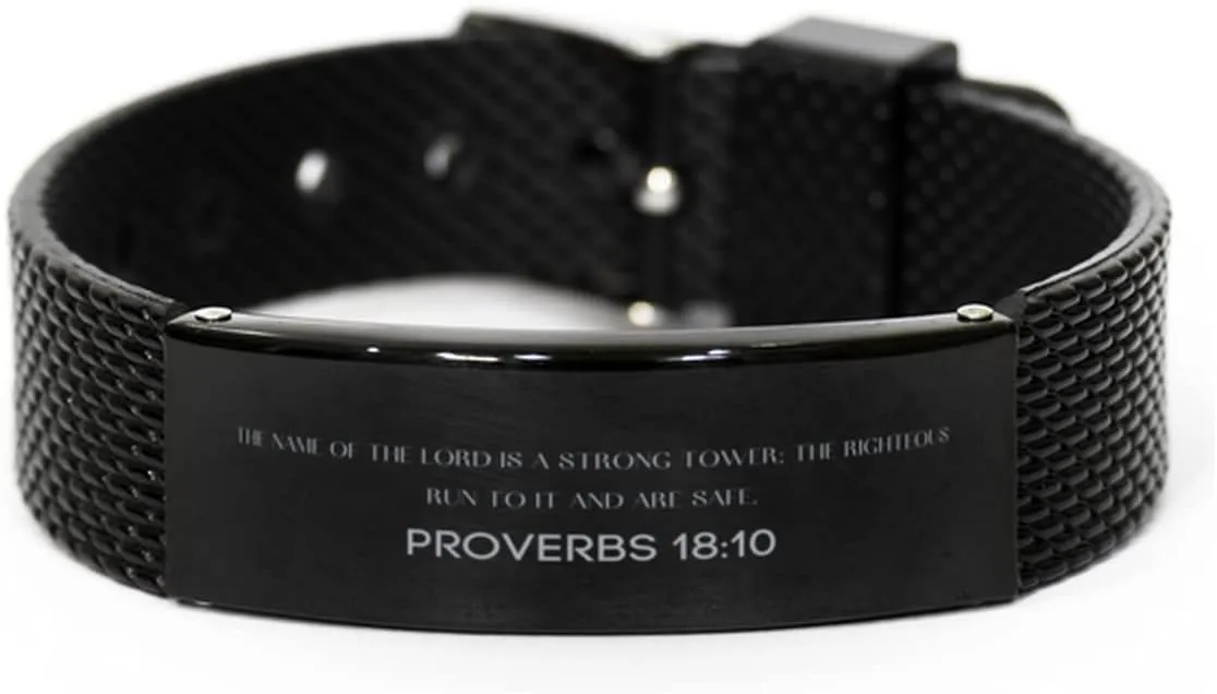 Proverbs 18:10 Christian Black Shark Mesh Bracelet Gifts, Faith Message Prayer Proverbs 18:10 Religious Bracelets for Women Men Proverbs 18:10 Bible Verse Inspirational Mantra Adjustable Bracelet