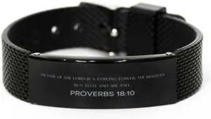 Proverbs 18:10 Christian Black Shark Mesh Bracelet Gifts, Faith Message Prayer Proverbs 18:10 Religious Bracelets for Women Men Proverbs 18:10 Bible Verse Inspirational Mantra Adjustable Bracelet