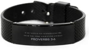 Proverbs 3:6 Christian Black Shark Mesh Bracelet Gifts, Faith Message Prayer Proverbs 3:6 Religious Bracelets for Women Men Proverbs 3:6 Bible Verse Inspirational Mantra Adjustable Bracelet Power of