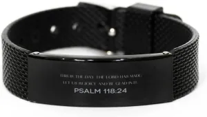 Psalm 118:24 Christian Black Shark Mesh Bracelet Gifts, Faith Message Prayer Psalm 118:24 Religious Bracelets for Women Men Psalm 118:24 Bible Verse Inspirational Mantra Adjustable Bracelet Power of