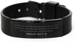 Psalm 121:7-8 Christian Black Shark Mesh Bracelet Gifts, Faith Message Prayer Psalm 121:7-8 Religious Bracelets for Women Men Psalm 121:7-8 Bible Verse Inspirational Mantra Adjustable Bracelet Power