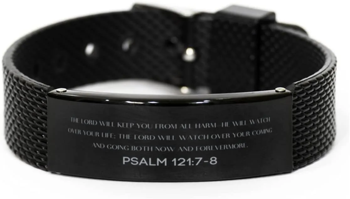 Psalm 121:7-8 Christian Black Shark Mesh Bracelet Gifts, Faith Message Prayer Psalm 121:7-8 Religious Bracelets for Women Men Psalm 121:7-8 Bible Verse Inspirational Mantra Adjustable Bracelet Power