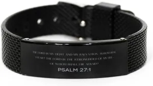 Psalm 27:1 Christian Black Shark Mesh Bracelet Gifts, Faith Message Prayer Psalm 27:1 Religious Bracelets for Women Men Psalm 27:1 Bible Verse Inspirational Mantra Adjustable Bracelet Power of Faith