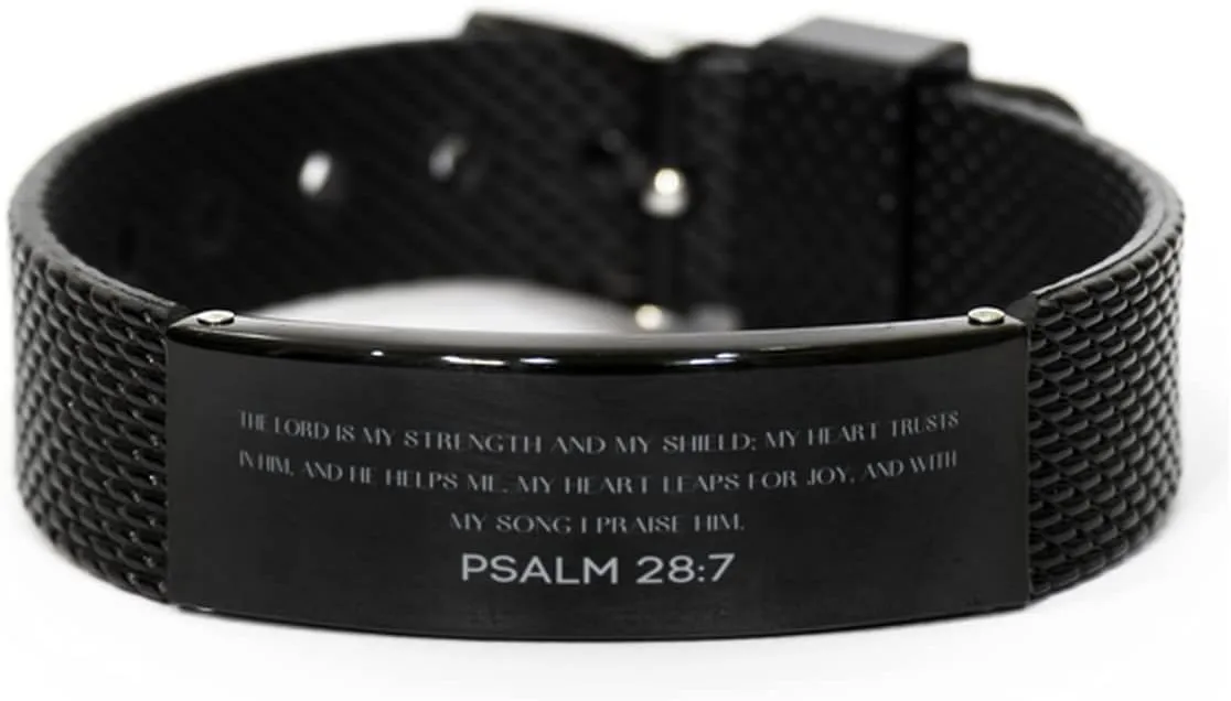 Psalm 28:7 Christian Black Shark Mesh Bracelet Gifts, Faith Message Prayer Psalm 28:7 Religious Bracelets for Women Men Psalm 28:7 Bible Verse Inspirational Mantra Adjustable Bracelet Power of Faith
