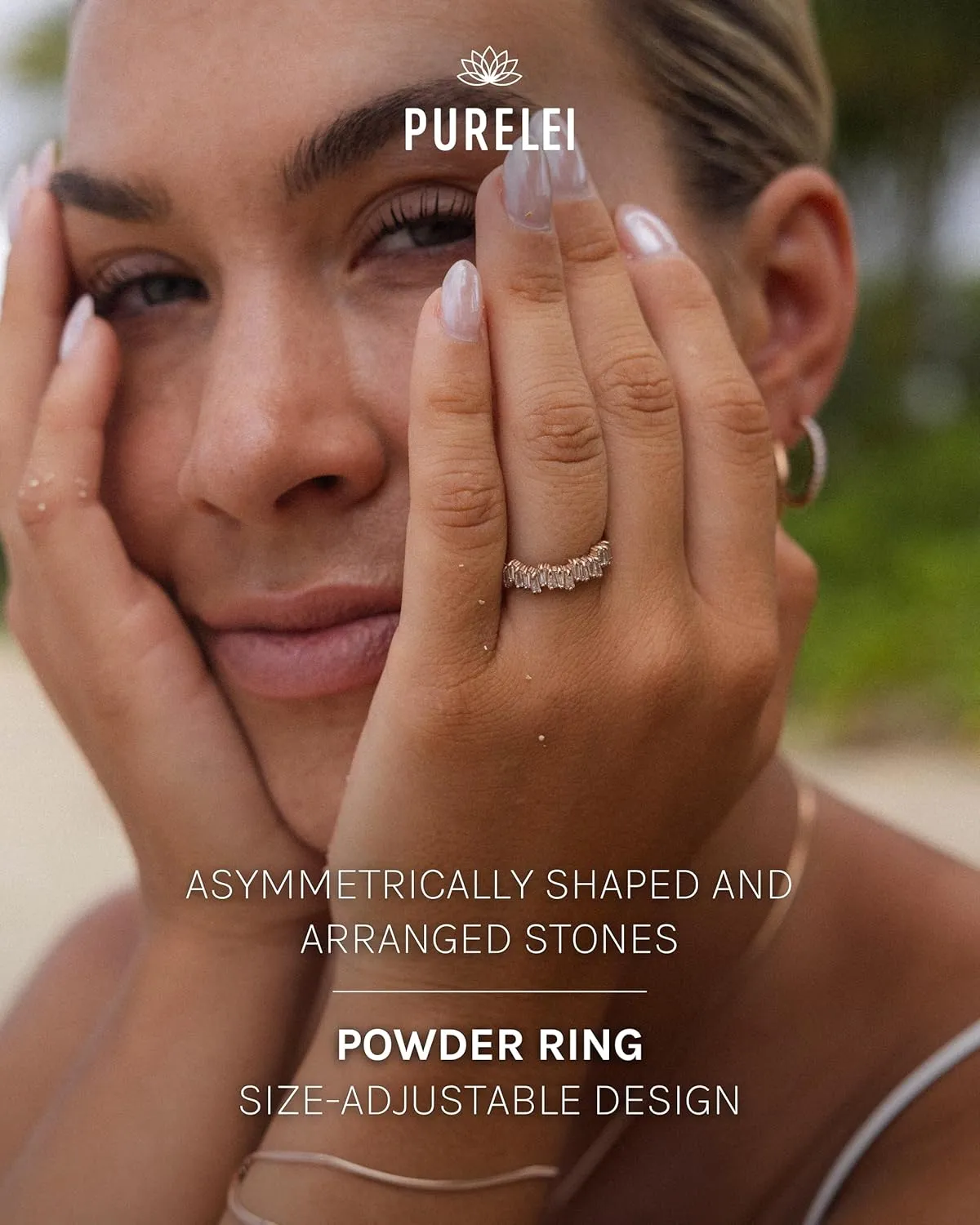 Purelei Powder Ring  Women's Ring, Silver 18K Gold-Plated, Waterproof with Asymmetric Gemstones, Adjustable Size, Gift for Women