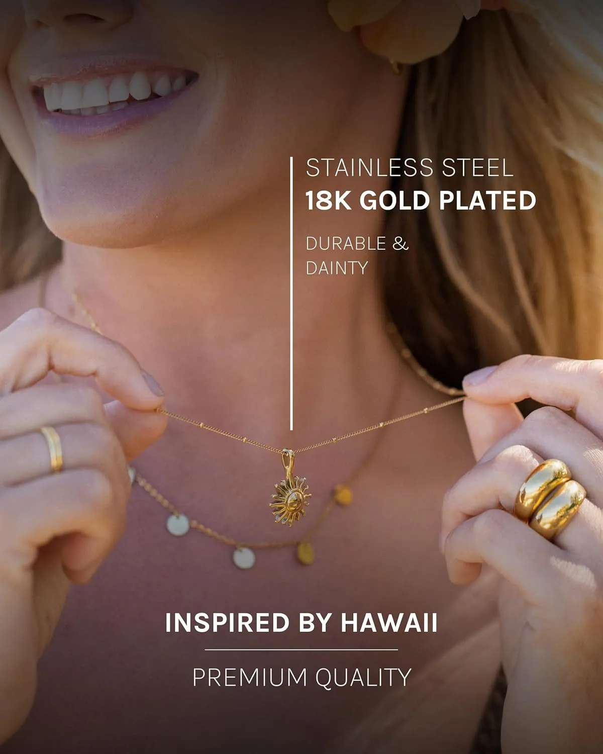 Purelei Sun Necklace  18K Gold plated stainless steel jewelry  Waterproof chain  20 to 22 inch adjustable length  Fashion jewelry for your individual look