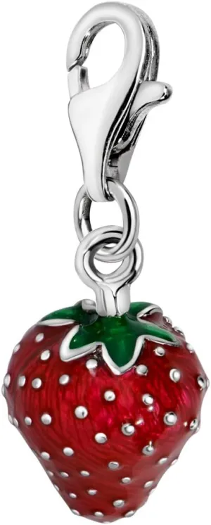 Quiges Red and Green Enamel 3D Strawberry Clip On Charm Pendant Silver Plated Women's Jewellery
