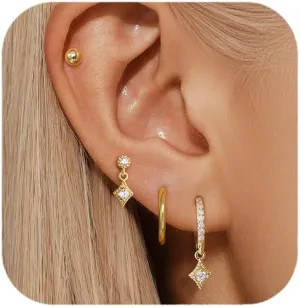 QUINBY Gold Hoop Earrings for Women, Dainty Cartilage Stud Earring, 14K Gold Plated Hypoallergenic Earring Stack, Trendy Dangle Stud Earring Sets, Classic Hoop Earring for Multiple Piercing