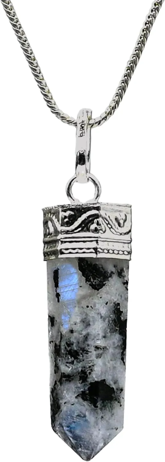 Rainbow Moonstone Crystal Pencil Point Pendant Necklace with Adjustable Cord - Natural Healing Crystals and Stones for Men, Women