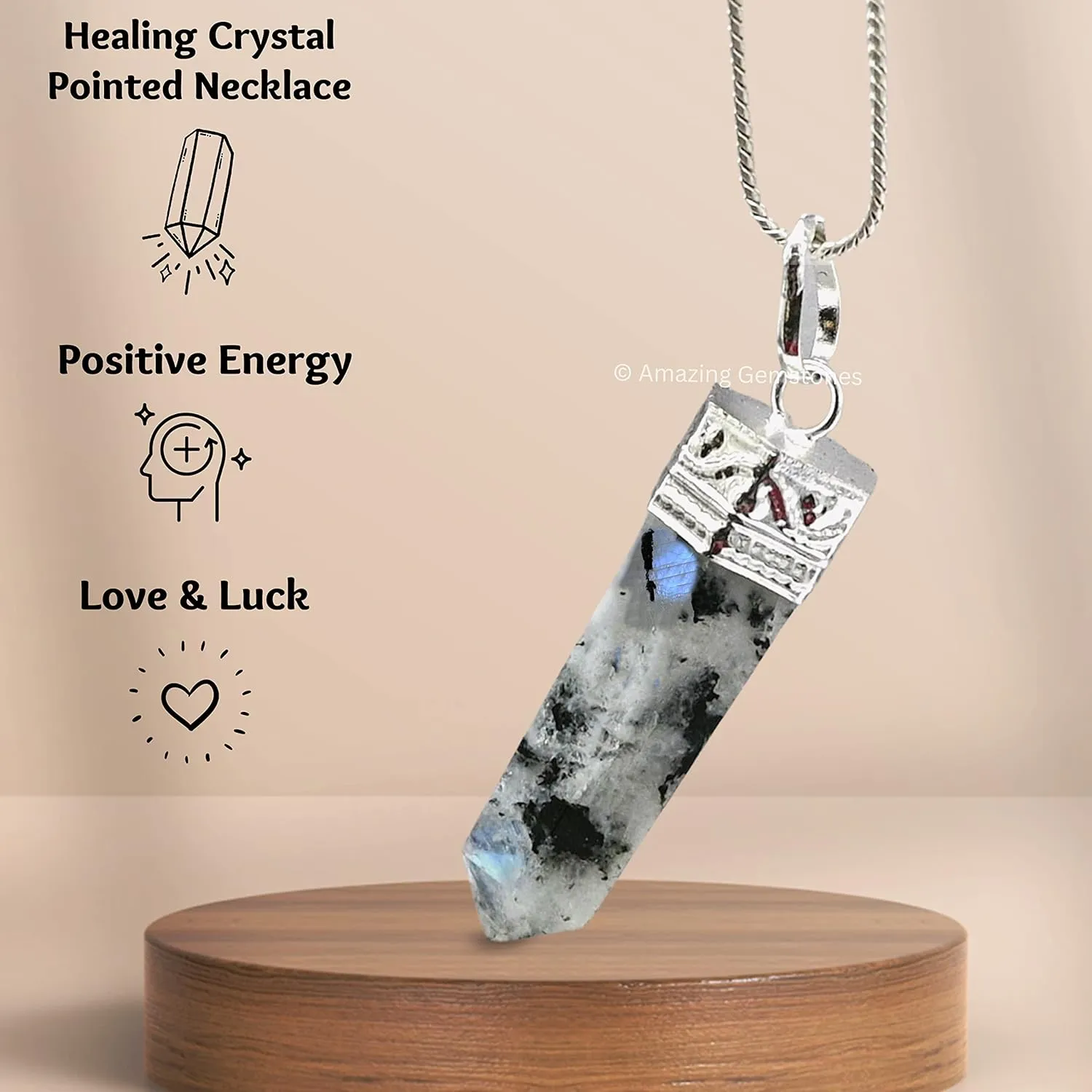 Rainbow Moonstone Crystal Pencil Point Pendant Necklace with Adjustable Cord - Natural Healing Crystals and Stones for Men, Women