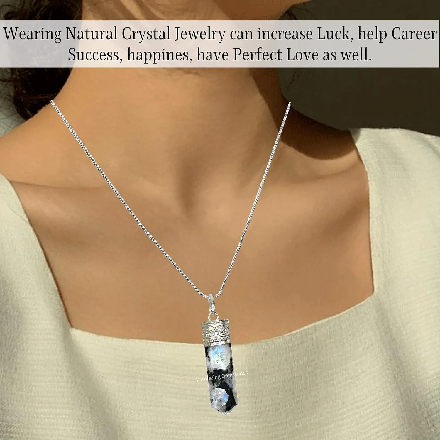 Rainbow Moonstone Crystal Pencil Point Pendant Necklace with Adjustable Cord - Natural Healing Crystals and Stones for Men, Women